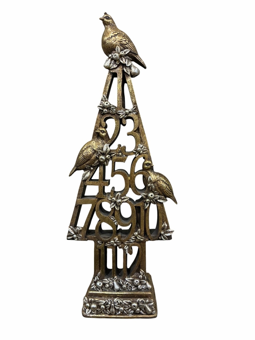 Decorative Table Top Mantle 12 Days of Christmas Resin Tree Quails Gold Silver